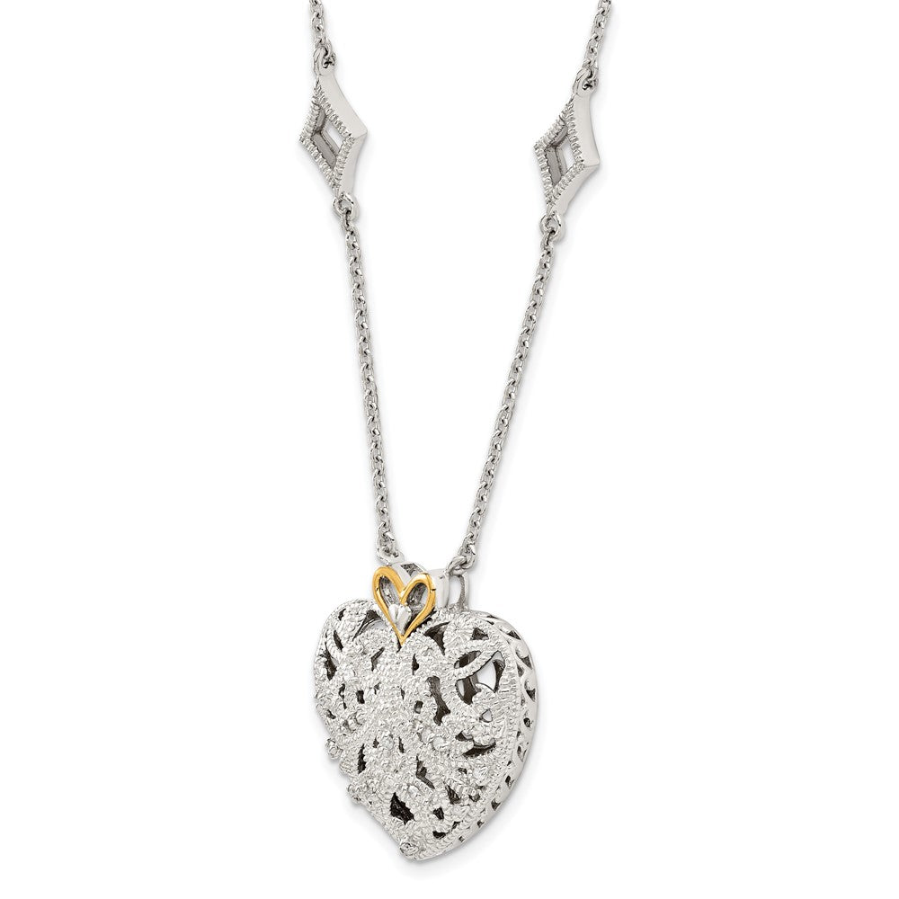 14K/Silver Two Tone Shey Couture Sterling Silver Rhodium Plated With 14K Accent 18 Inch Diamond Vintage Heart Necklace