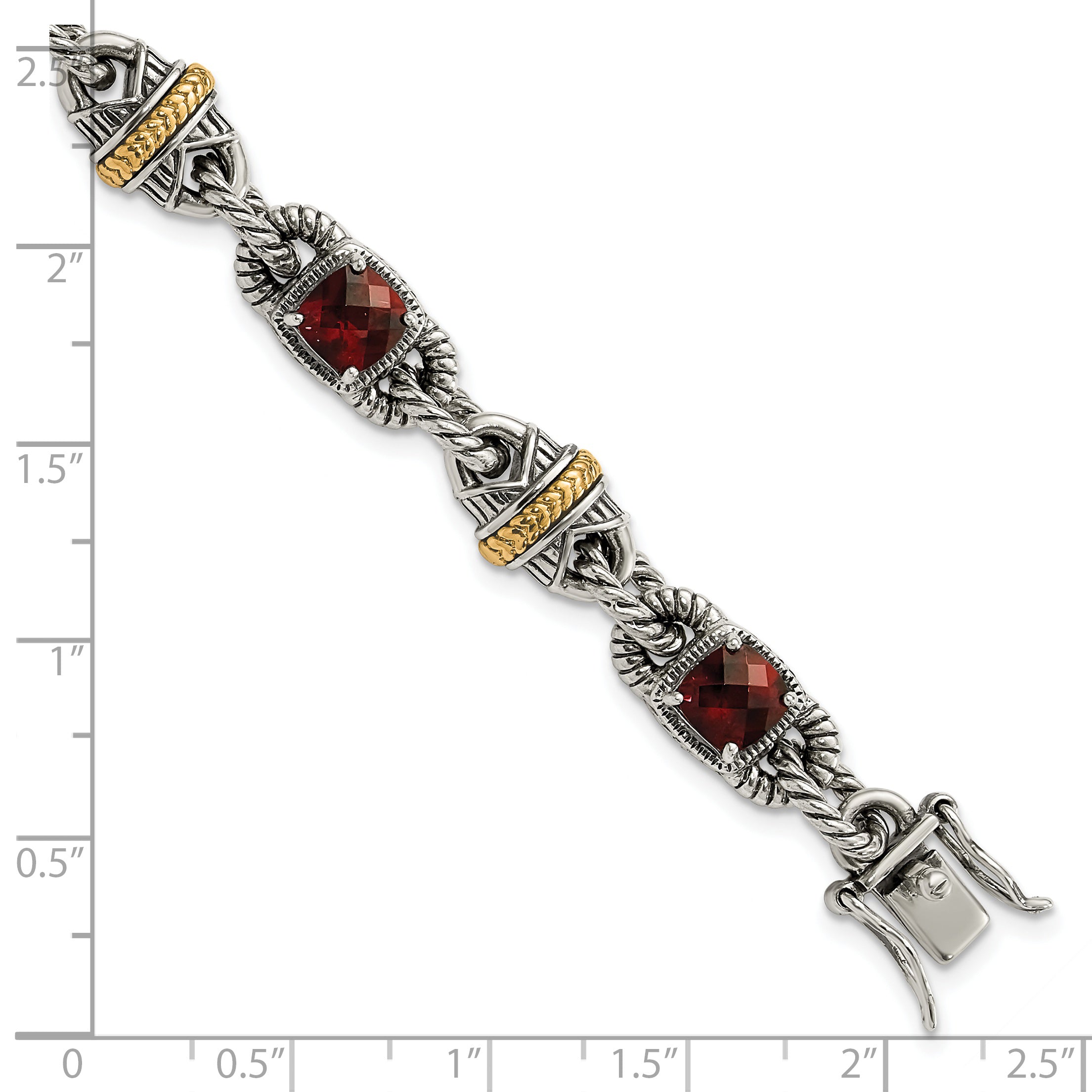 14K/Silver Two Tone Sterling Silver 14Ky Accent Polished & Antiqued Garnet Bracelet