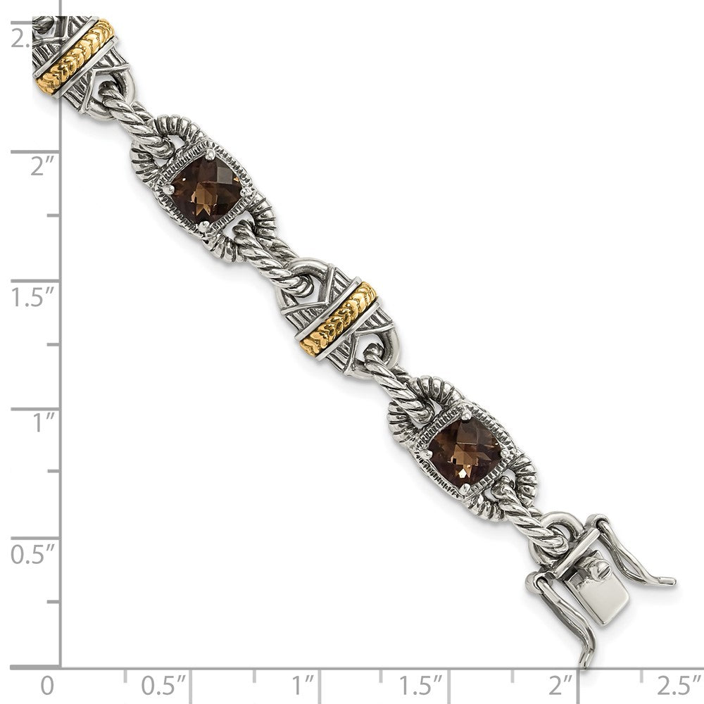 14K/Silver Two Tone Sterling Silver 14Ky Accent Polished & Antiqued Smoky Quartz Bracelet