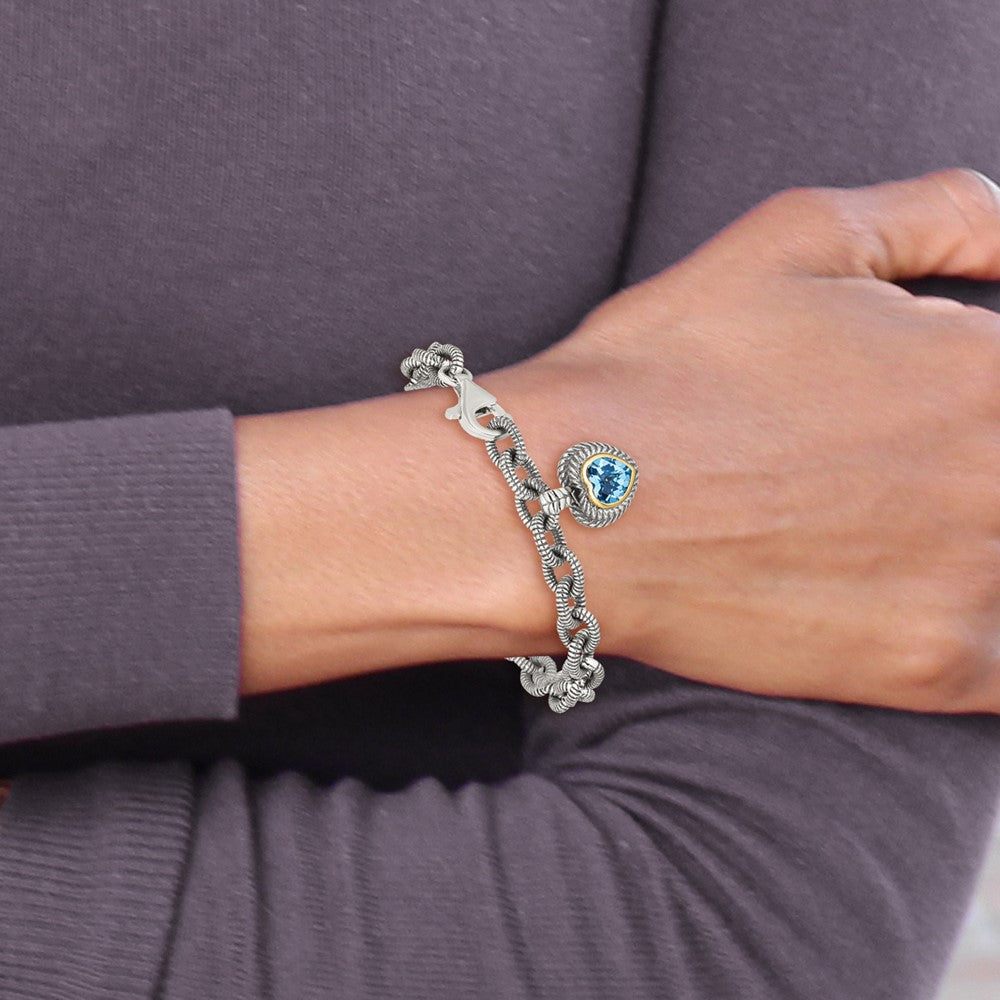 14K/Silver Two Tone Shey Couture Sterling Silver With 14K Accent 7.5 Inch Antiqued Swiss Blue Topaz Heart Bezel Bracelet