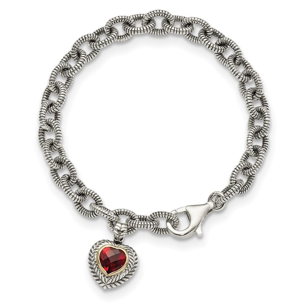 14K/Silver Two Tone Shey Couture Sterling Silver With 14K Accent 7.25 Inch Antiqued Checkerboard Garnet Heart Link Bracelet
