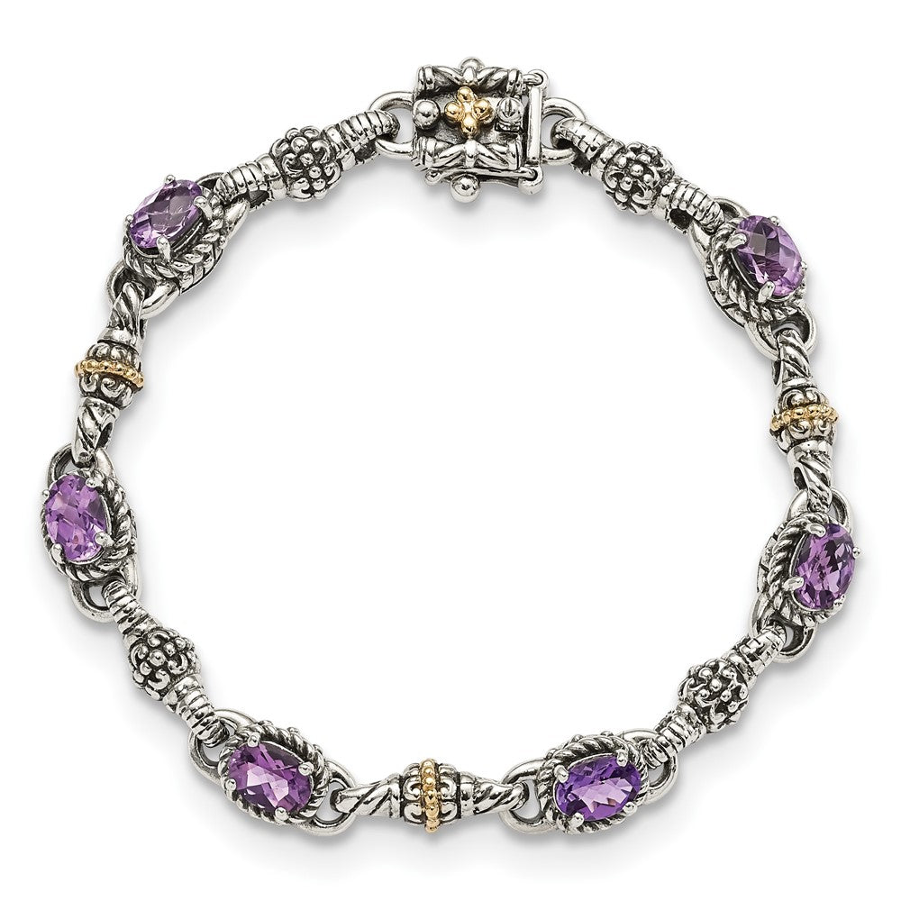 14K/Silver Two Tone Shey Couture Sterling Silver With 14K Accent 7.25 Inch Antiqued Oval Amethyst Bracelet