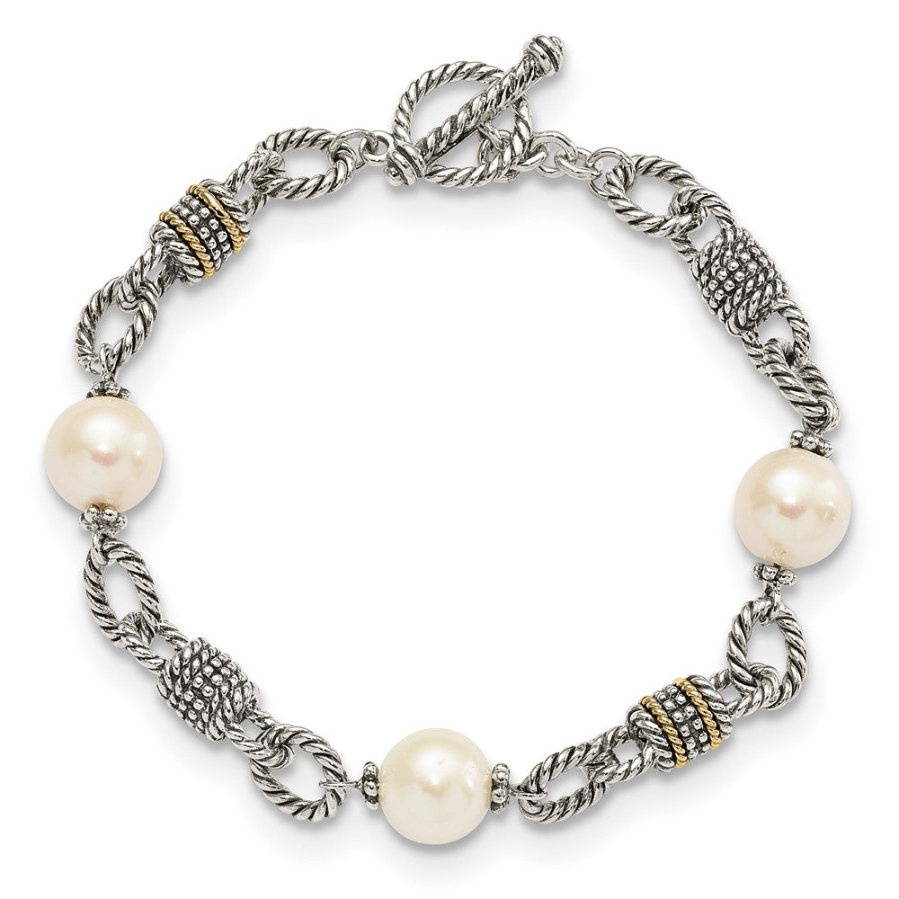 14K/Silver Two Tone Shey Couture Sterling Silver With 14K Accent 7.5 Inch Antiqued 10 10.5mm Freshwater Cultured Pearl Bracelet