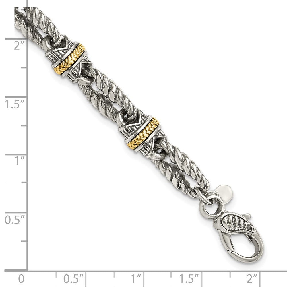 14K/Silver Two Tone Sterling Silver 14Ky Accent Polished & Antiqued Link Bracelet