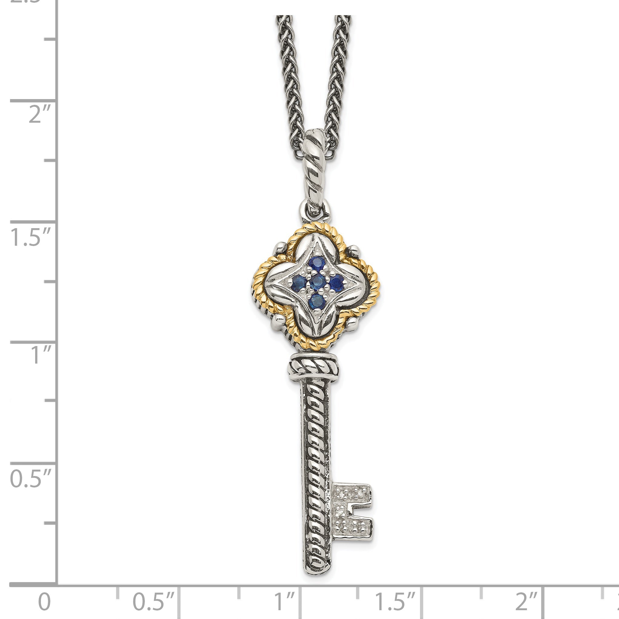 14K/Silver Two Tone Shey Couture Sterling Silver With 14K Accent 18 Inch Antiqued Sapphire And Diamond Key Necklace