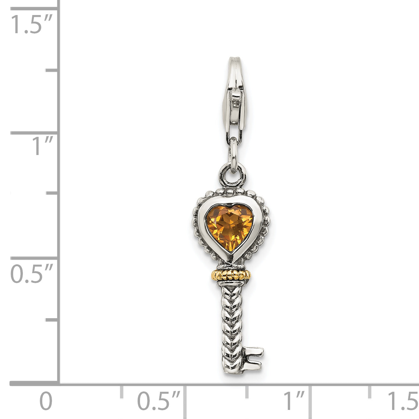 14K/Silver Two Tone Shey Couture Sterling Silver With 14K Accent Antiqued Heart Citrine Key Lobster Clasp Charm