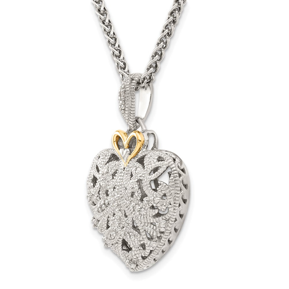 14K/Silver Two Tone Shey Couture Sterling Silver Antiqued With 14K Accent 18 Inch Diamond Vintage Heart Necklace