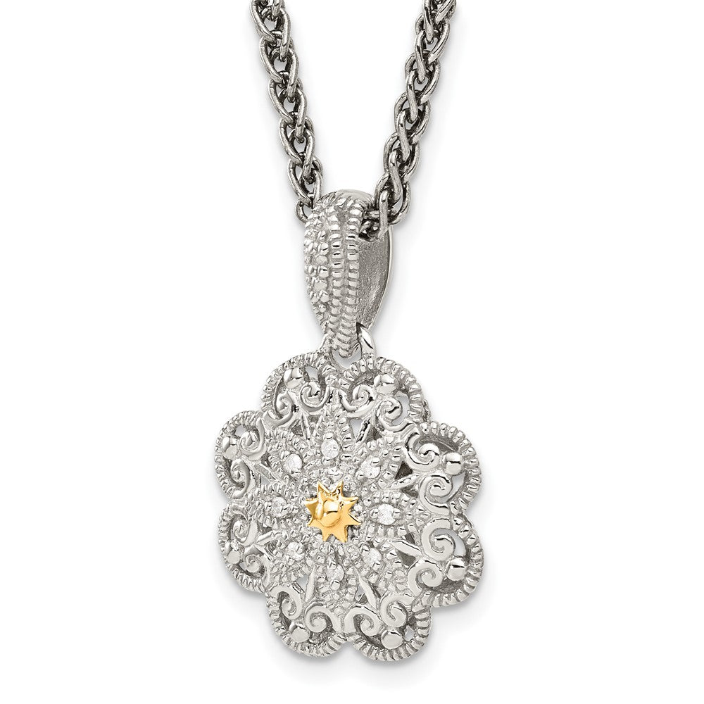 14K/Silver Two Tone Shey Couture Sterling Silver Antiqued With 14K Accent 18 Inch Diamond Vintage Flower Necklace