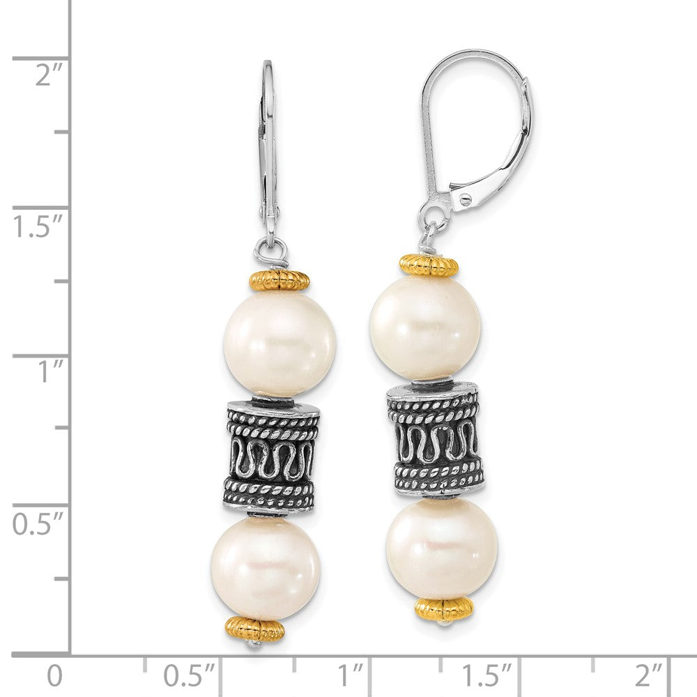 14K/Silver Two Tone Sterling Silver 14Ky Accent Polished & Antiqued Freshwater Cultured Pearl Barrel Leverback Dangle Earrings