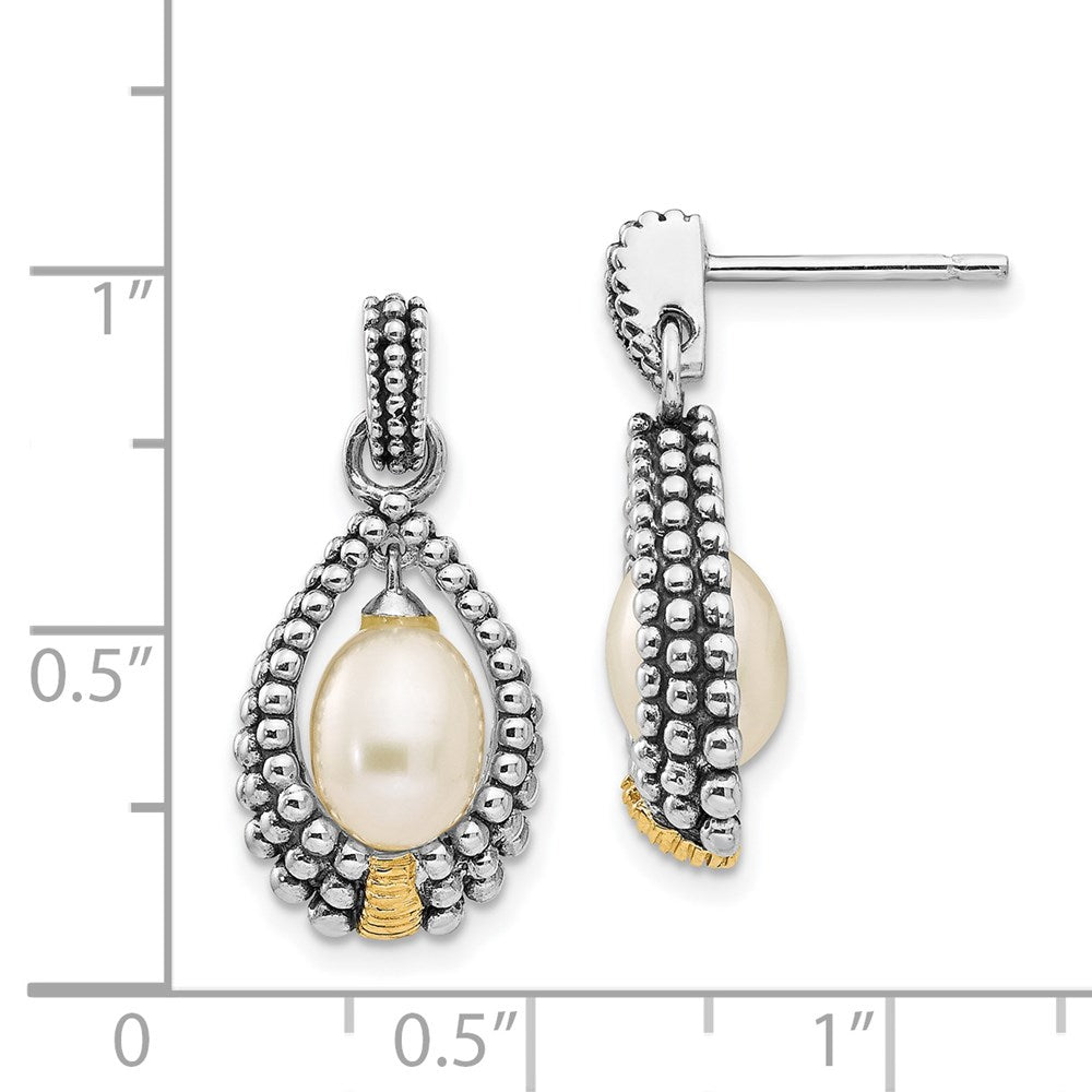 14K/Silver Two Tone Shey Couture Sterling Silver With 14K Accent Antiqued 7X5mm Freshwater Cultured Pearl Post Drop Earrings