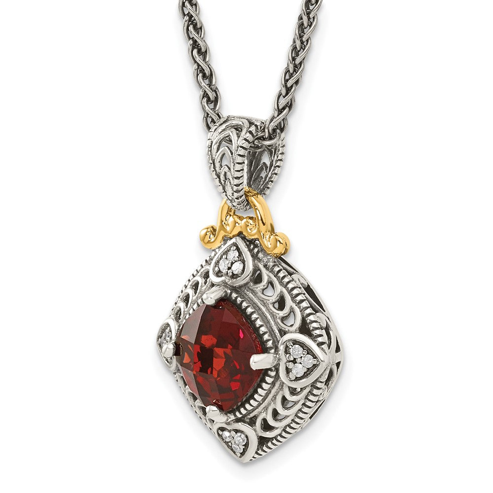 14K/Silver Two Tone Shey Couture Sterling Silver With 14K Accent 18 Inch Antiqued Diamond And Cushion Checkerboard Garnet Necklace
