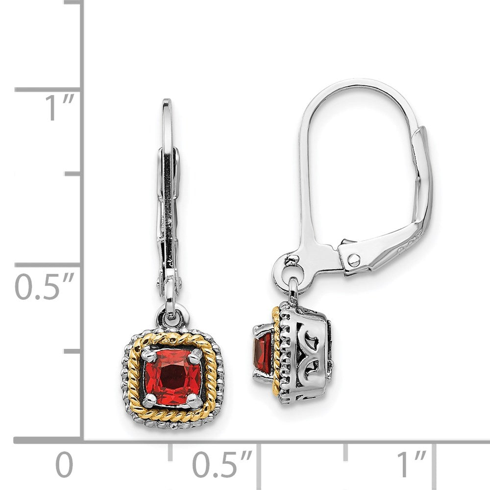 14K/Silver Two Tone Shey Couture Sterling Silver With 14K Accent Antiqued Cushion Garnet Leverback Earrings