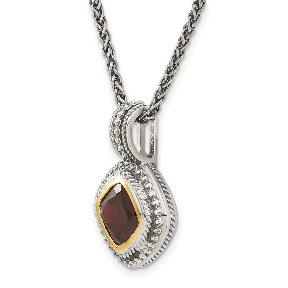 14K/Silver Two Tone Shey Couture Sterling Silver With 14K Accent 18 Inch Antiqued Cushion Bezel Garnet Necklace