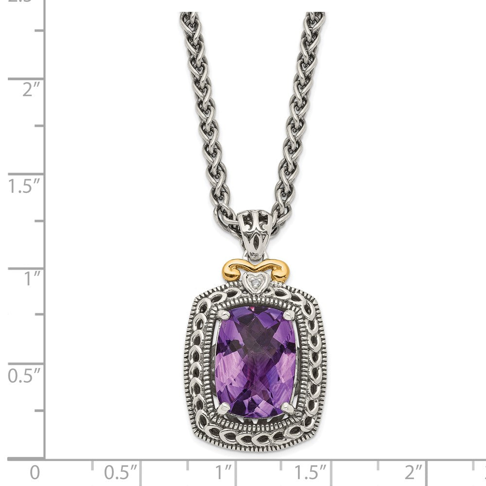 14K/Silver Two Tone Shey Couture Sterling Silver With 14K Accent 18 Inch Antiqued Checkerboard Cut Cushion Amethyst And Diamond Necklace