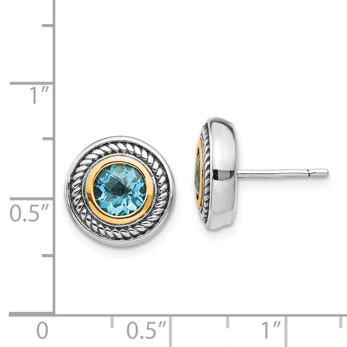 14K/Silver Two Tone Shey Couture Sterling Silver With 14K Accent Antiqued Round Blue Topaz Post Earrings