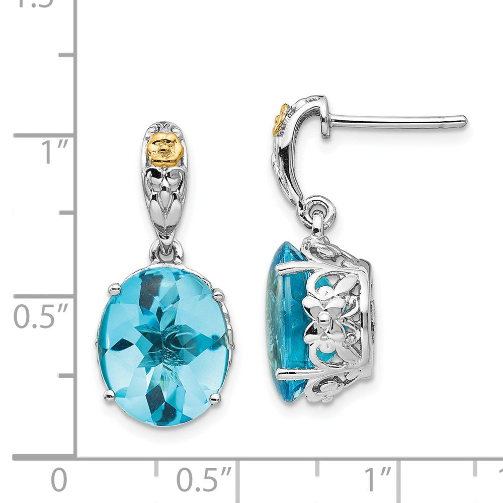 14K/Silver Two Tone Shey Couture Sterling Silver With 14K Accent Oval Blue Topaz Dangle Post Earrings