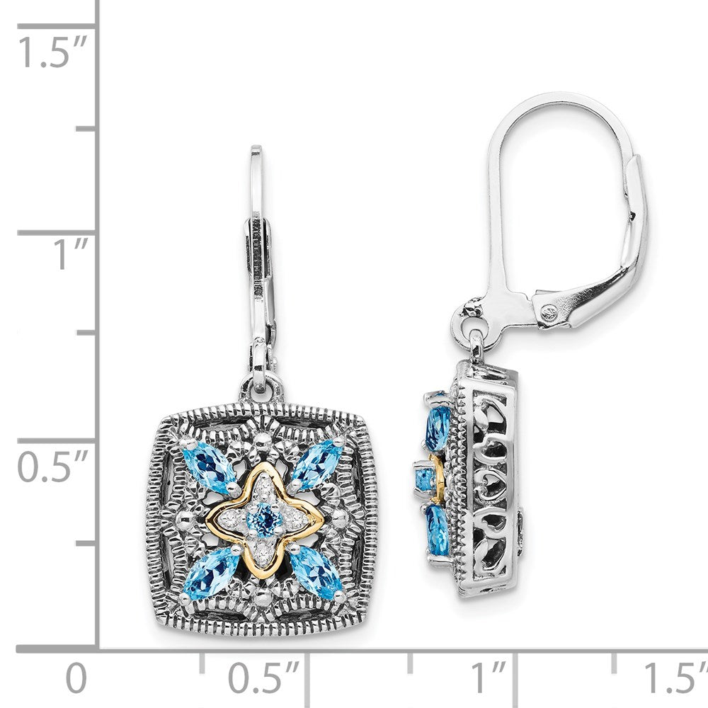 14K/Silver Two Tone Shey Couture Sterling Silver With 14K Accent Antiqued Diamond And Marquise Blue Topaz Leverback Earrings