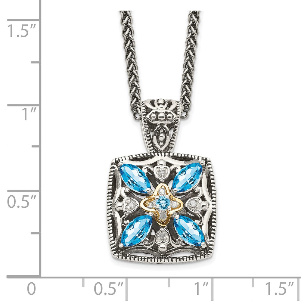 14K/Silver Two Tone Shey Couture Sterling Silver With 14K Accent 18 Inch Antiqued Diamond And Marquise Blue Topaz Necklace