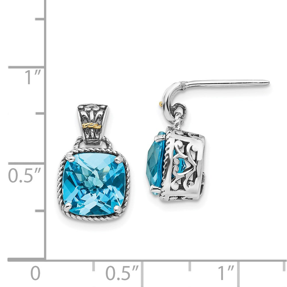 14K/Silver Two Tone Shey Couture Sterling Silver With 14K Accent Antiqued Cushion Blue Topaz Post Dangle Earrings