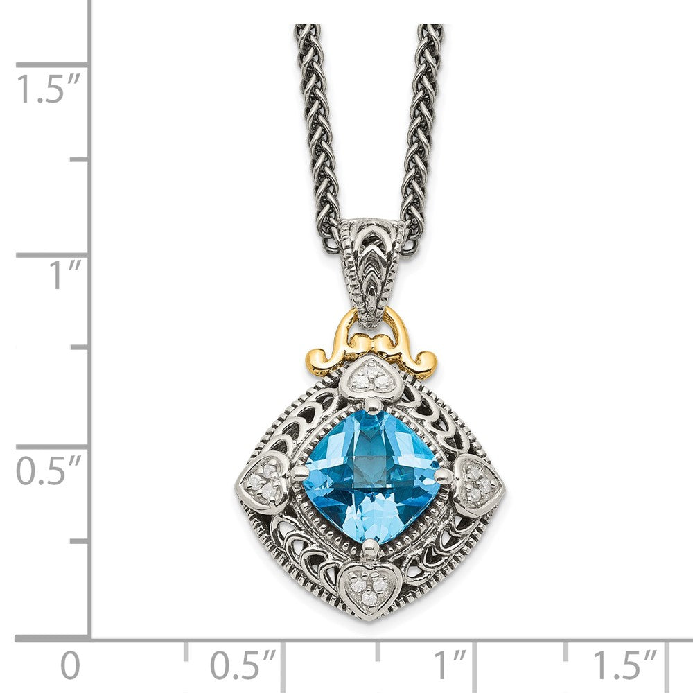 14K/Silver Two Tone Shey Couture Sterling Silver With 14K Accent 18 Inch Antiqued Diamond And Cushion Blue Topaz Necklace