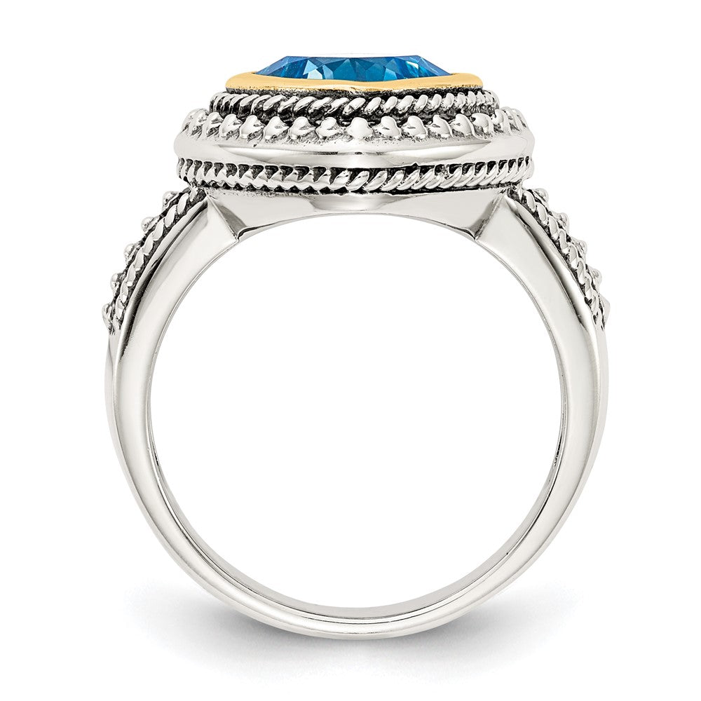 14K/Silver Two Tone Shey Couture Sterling Silver With 14K Accent Antiqued Cushion Bezel Blue Topaz Ring (Size 8 Only)