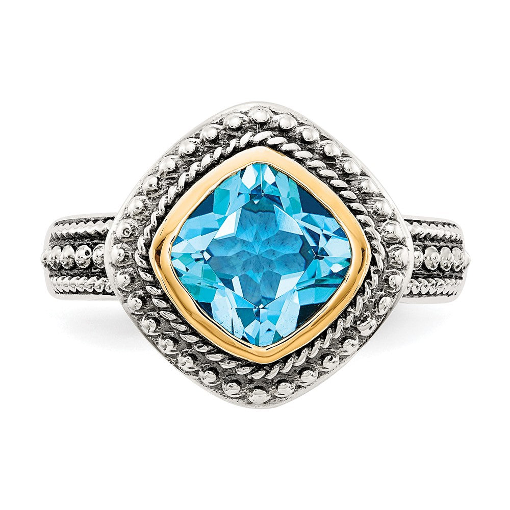 14K/Silver Two Tone Shey Couture Sterling Silver With 14K Accent Antiqued Cushion Bezel Blue Topaz Ring (Size 8 Only)
