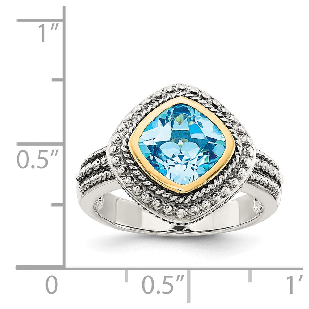 14K/Silver Two Tone Shey Couture Sterling Silver With 14K Accent Antiqued Cushion Bezel Blue Topaz Ring (Size 8 Only)