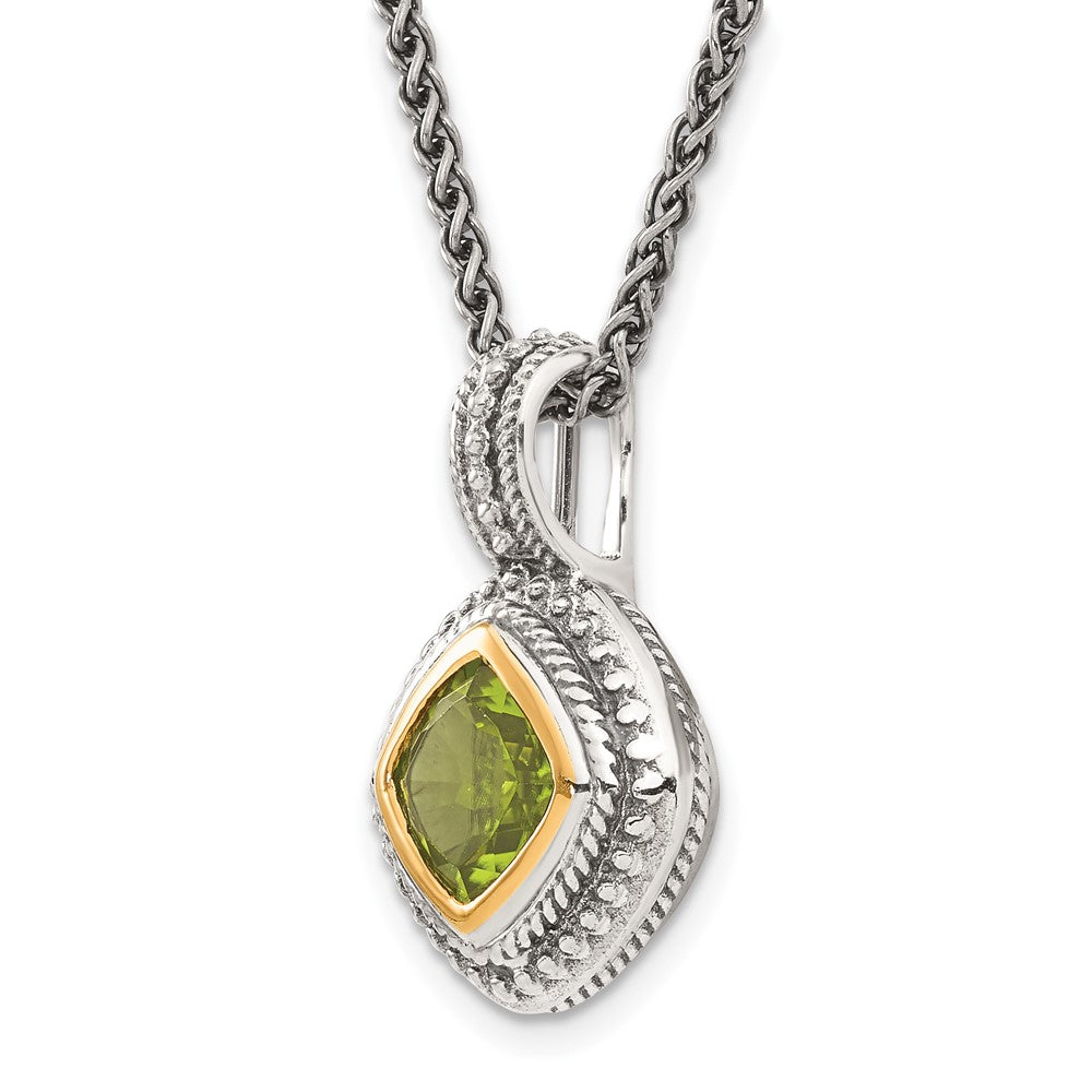 14K/Silver Two Tone Shey Couture Sterling Silver With 14K Accent 18 Inch Antiqued Cushion Bezel Peridot Necklace