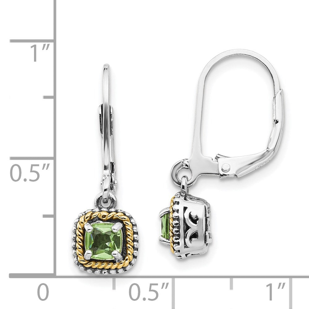 14K/Silver Two Tone Shey Couture Sterling Silver With 14K Accent Antiqued Cushion Peridot Leverback Earrings