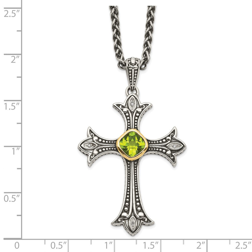 14K/Silver Two Tone Shey Couture Sterling Silver With 14K Accent 18 Inch Antiqued Diamond And Cushion Bezel Peridot Necklace