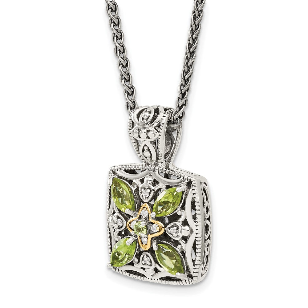 14K/Silver Two Tone Shey Couture Sterling Silver With 14K Accent 18 Inch Antiqued Diamond And Marquise Peridot Necklace