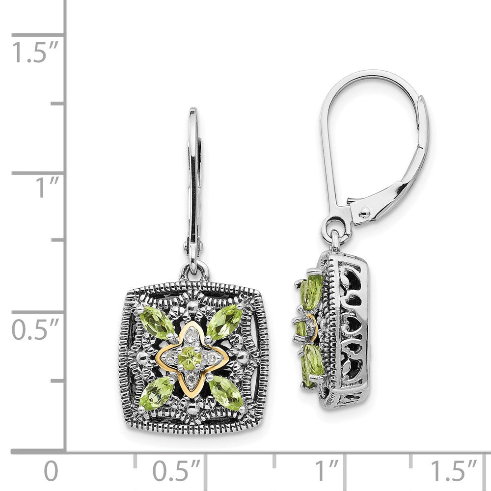 14K/Silver Two Tone Shey Couture Sterling Silver With 14K Accent Antiqued Diamond And Marquise Peridot Leverback Earrings