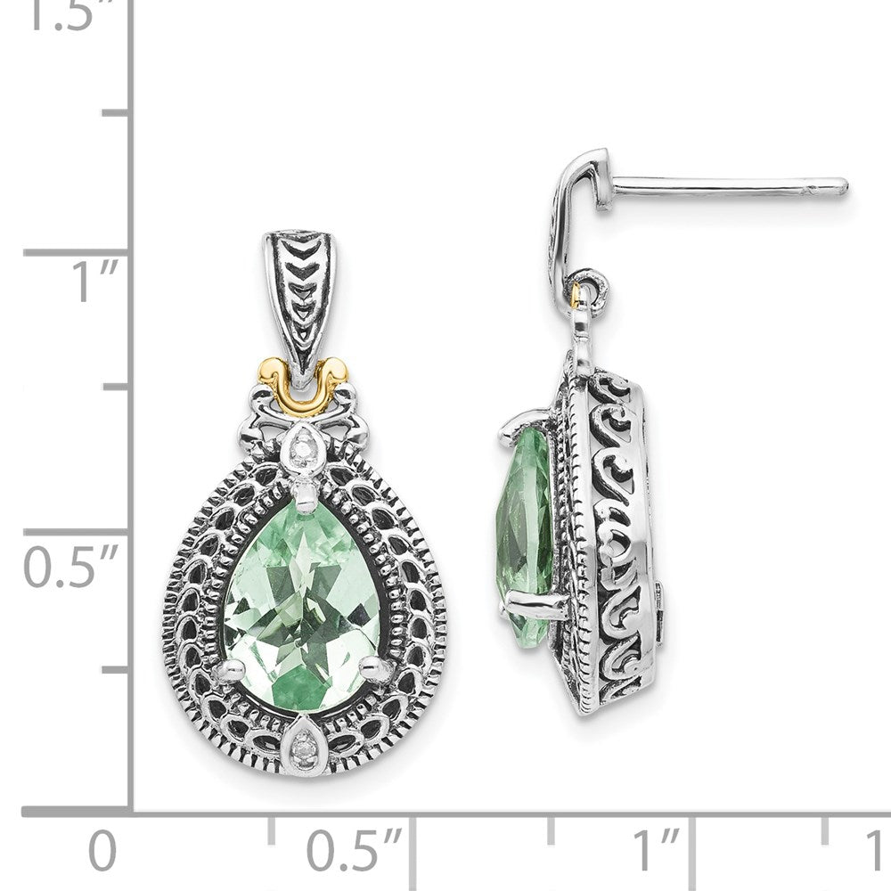 14K/Silver Two Tone Shey Couture Sterling Silver With 14K Accent Antiqued Diamond And Pear Shaped Green Quartz Post Dangle Earrings