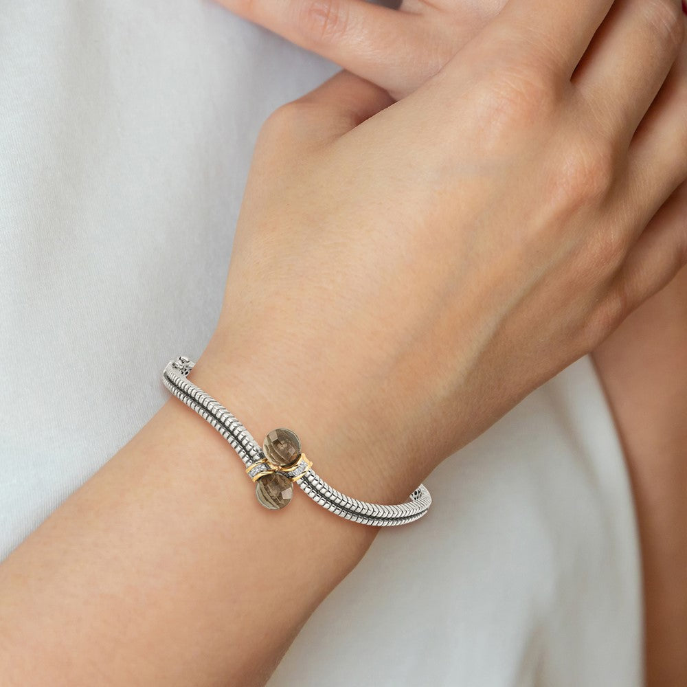 14K/Silver Two Tone Shey Couture Sterling Silver With 14K Accent Antiqued Smoky Quartz And Diamond Bangle Bracelet