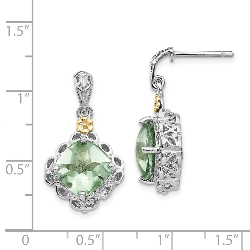 14K/Silver Two Tone Shey Couture Sterling Silver Rhodium Plated With 14K Accent Cushion Green Quartz Post Dangle Earrings
