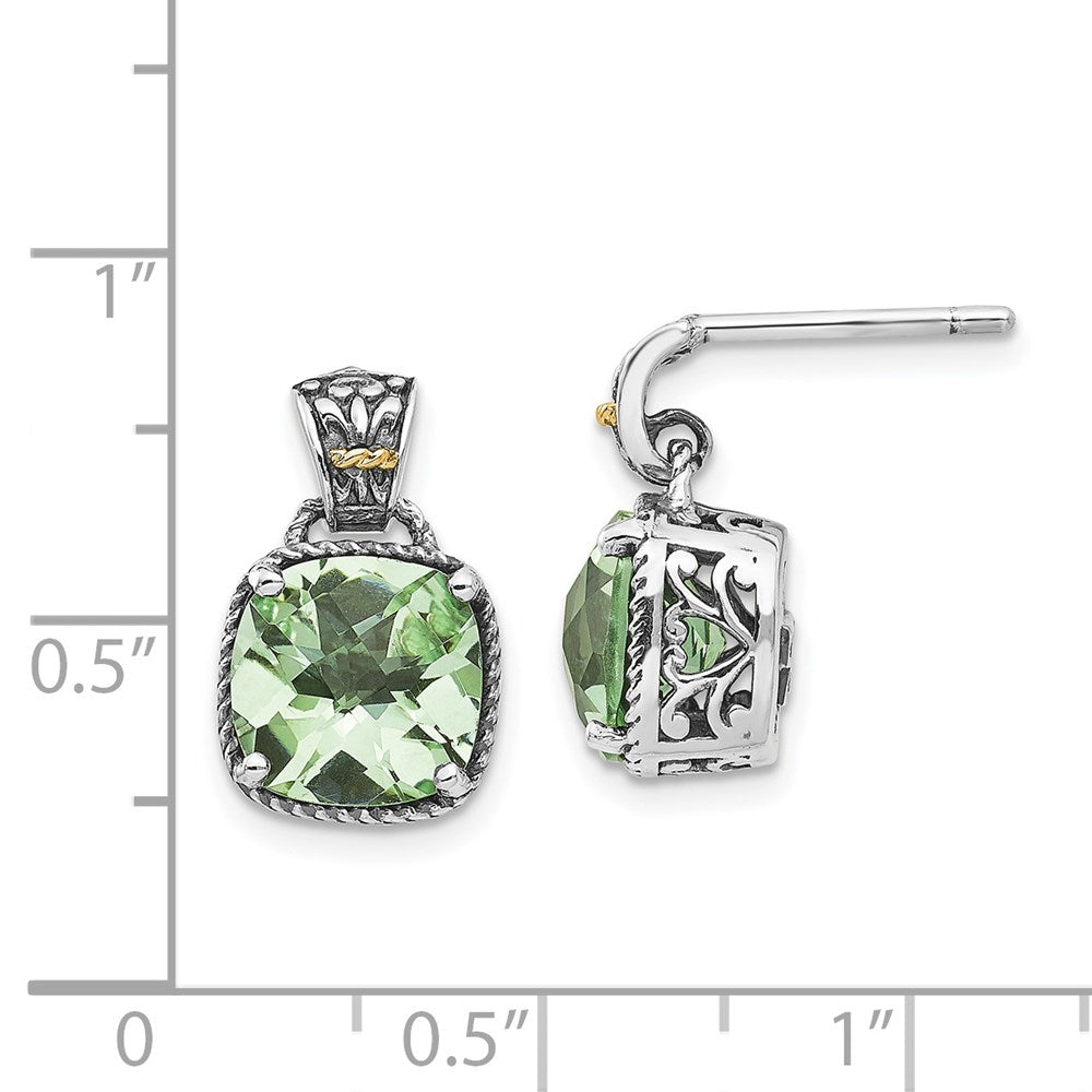 14K/Silver Two Tone Shey Couture Sterling Silver With 14K Accent Antiqued Cushion Green Quartz Post Dangle Earrings