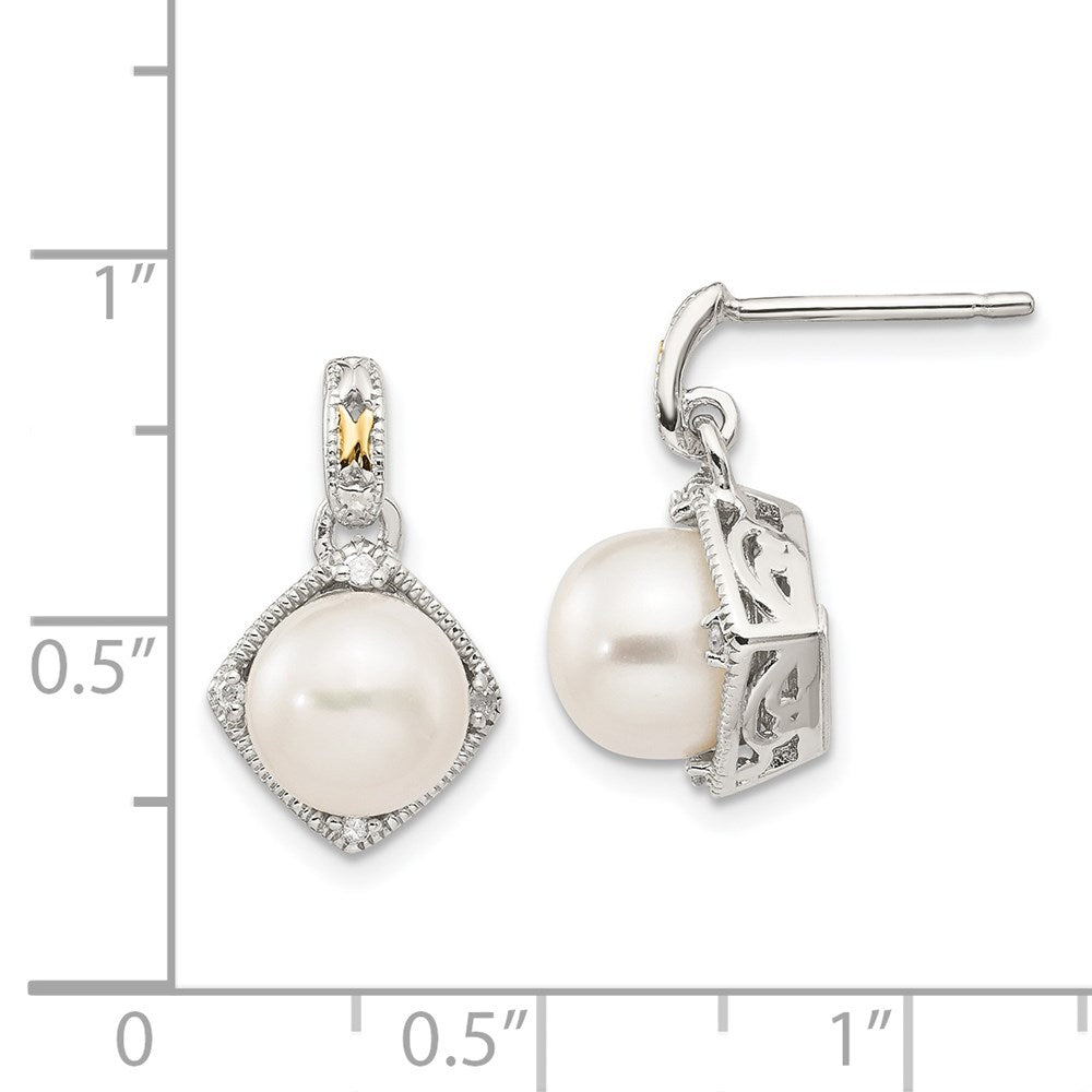 14K/Silver Two Tone Shey Couture Sterling Silver Rhodium Plated With 14K Accent 7.5 8mm Freshwater Cultured Pearl And Diamond Dangle Post Earrings