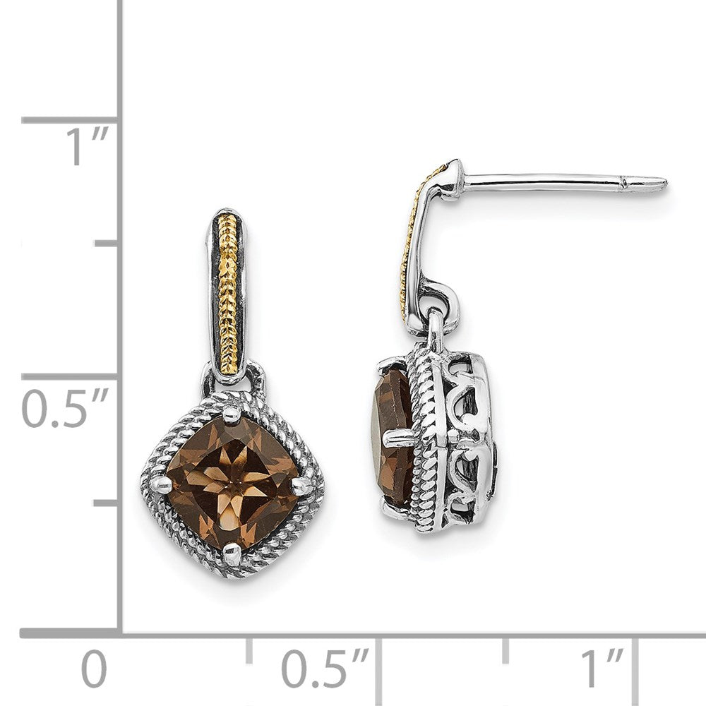 14K/Silver Two Tone Shey Couture Sterling Silver With 14K Accent Antiqued Cushion Smoky Quartz Post Dangle Earrings