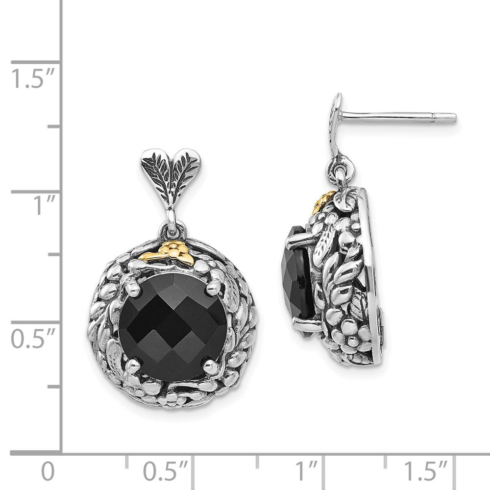 14K/Silver Two Tone Shey Couture Sterling Silver With 14K Accent Antiqued Checkerboard Cut Black Onyx Post Dangle Earrings