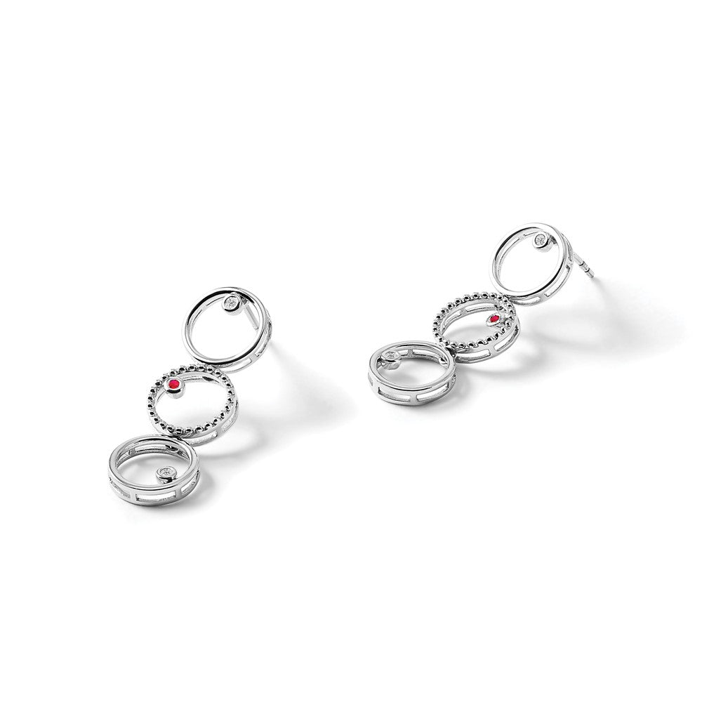 Sterling Silver White Ice Rhodium-Plated Diamond And Ruby Post Drop Earrings