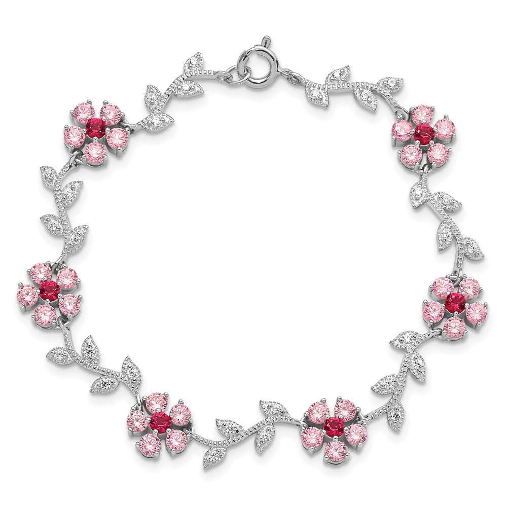 7.75 Inch Sterling Silver Rhod-Plated 7.75In Pink And Clear Cz Flower Bracelet