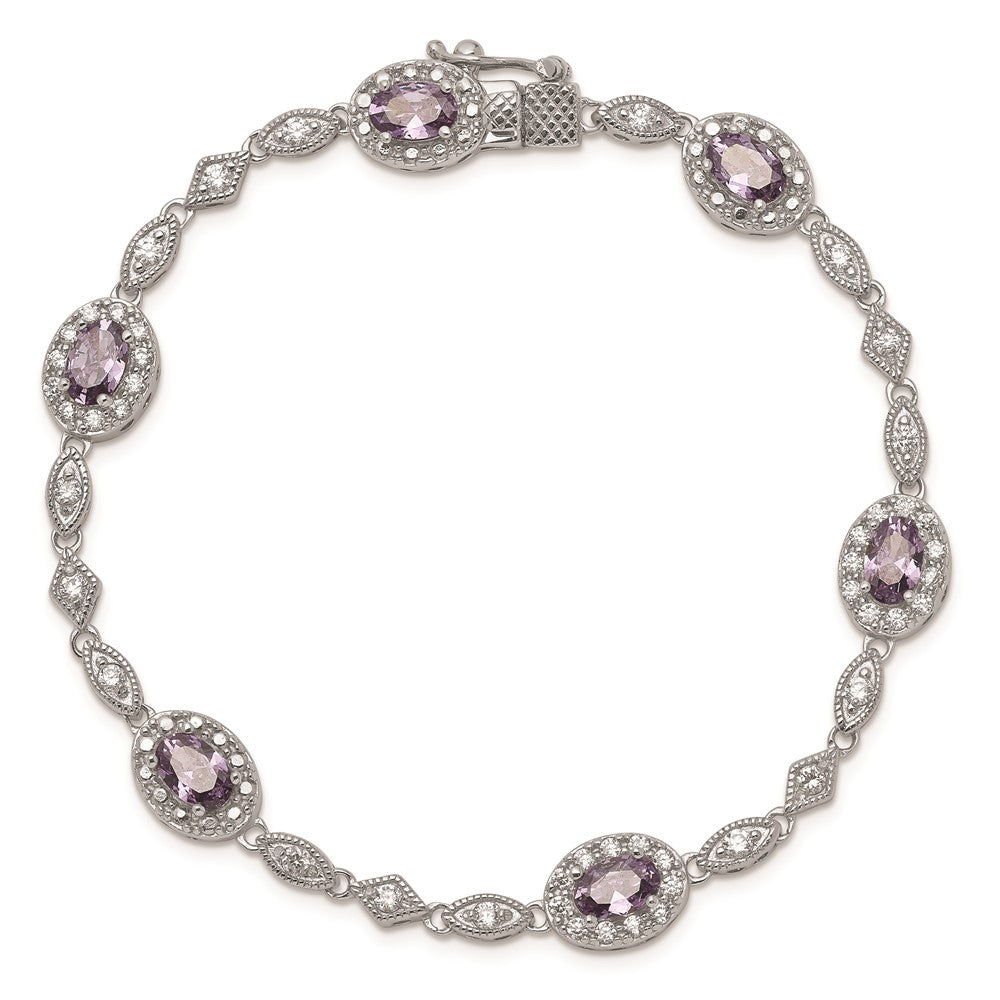 7 Inch Sterling Silver Rhodium-Plated Purple And Clear Cz Bracelet