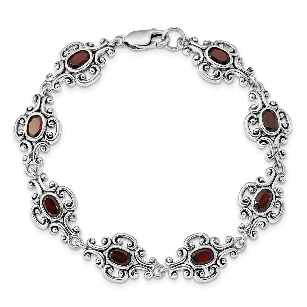 7.25 Inch Sterling Silver Rhodium Plated Antiqued Garnet Bracelet