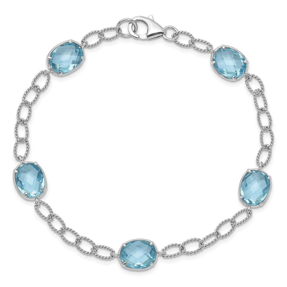 7.5 Inch Sterling Silver Rhodium-Plated Aqua Blue Cz Textured Link Bracelet