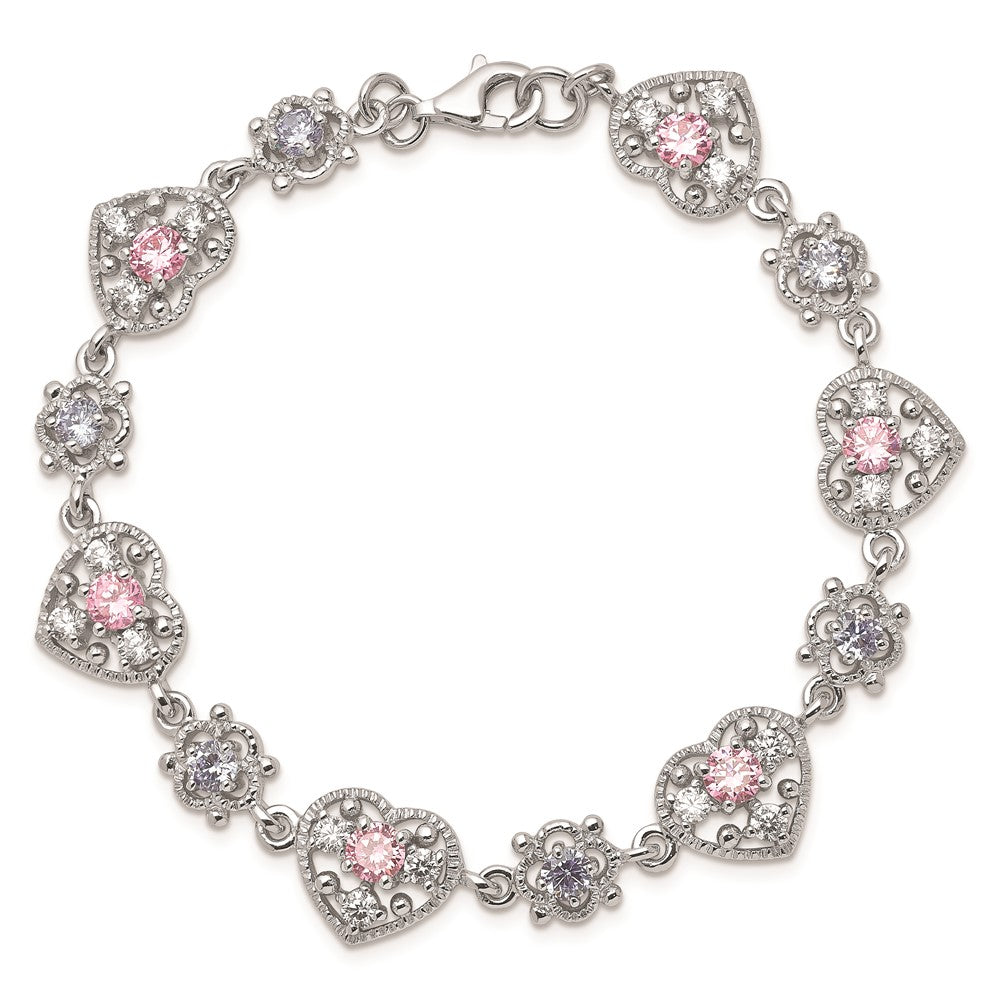 7 Inch Sterling Silver Rhod-Plated 7Inch Pink And Clear Cz Heart Bracelet