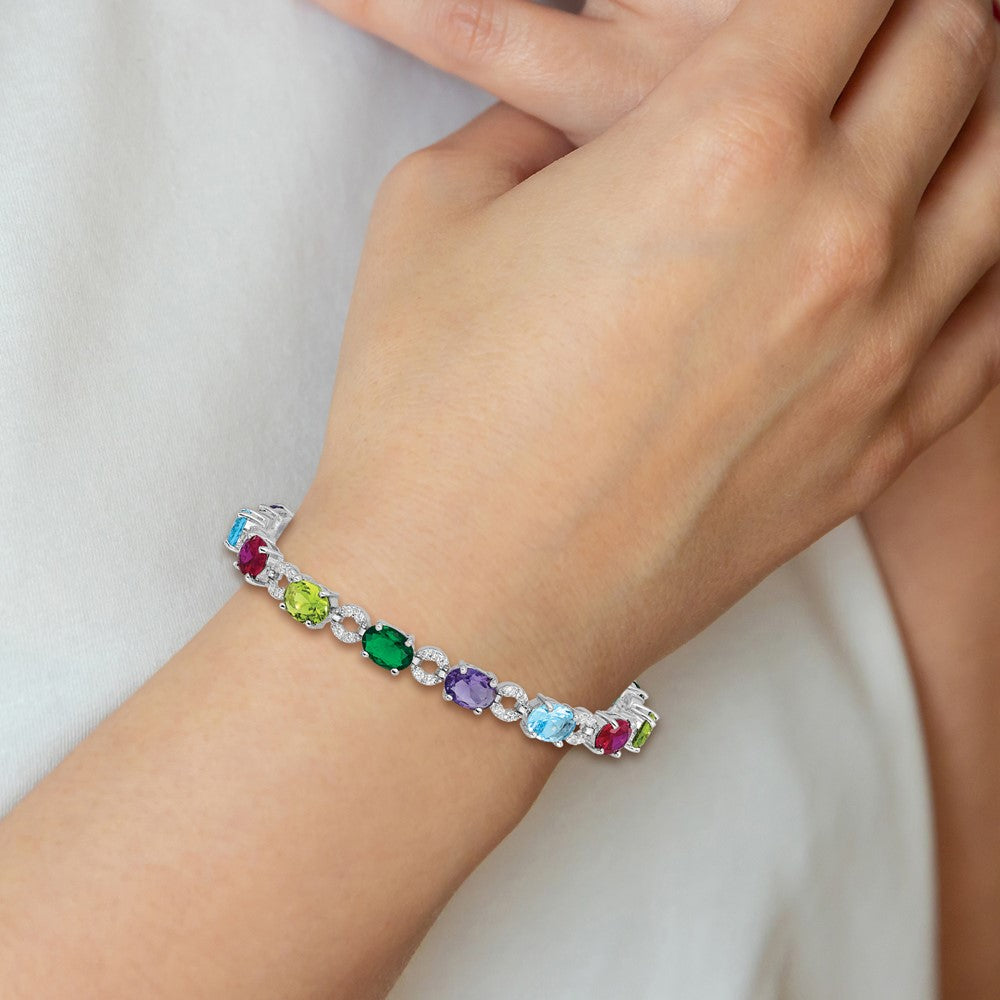 7 Inch Sterling Silver Rhodium-Plated 7Inch Multicolor Cz Bracelet