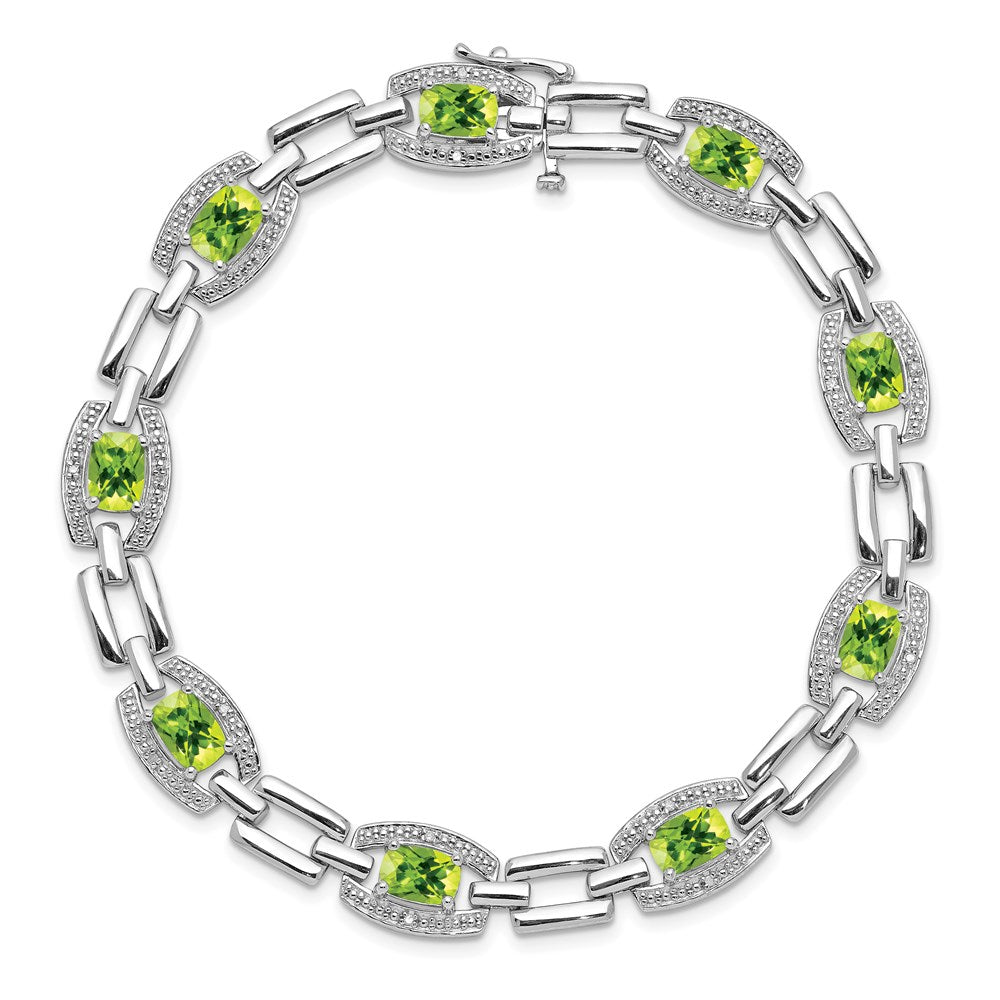 7 Inch Sterling Silver Rhodium-Plated Diamond & Peridot Bracelet