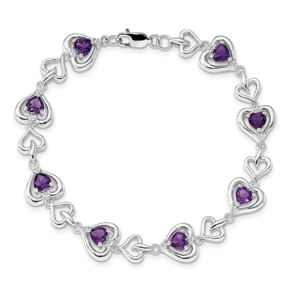 7 Inch Sterling Silver Rhodium-Plated Diamond & Heart Link Amethyst Bracelet
