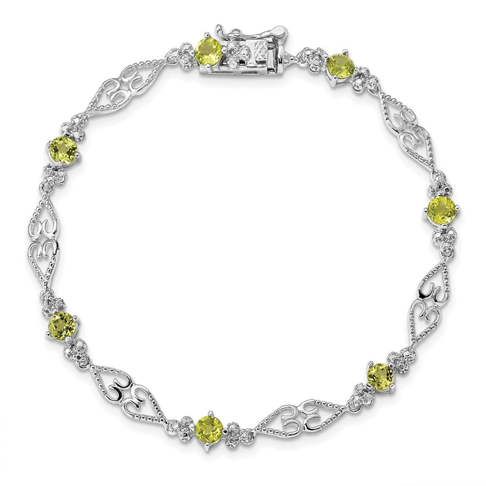 7 Inch Sterling Silver Rhodium-Plated Diamond Peridot Bracelet