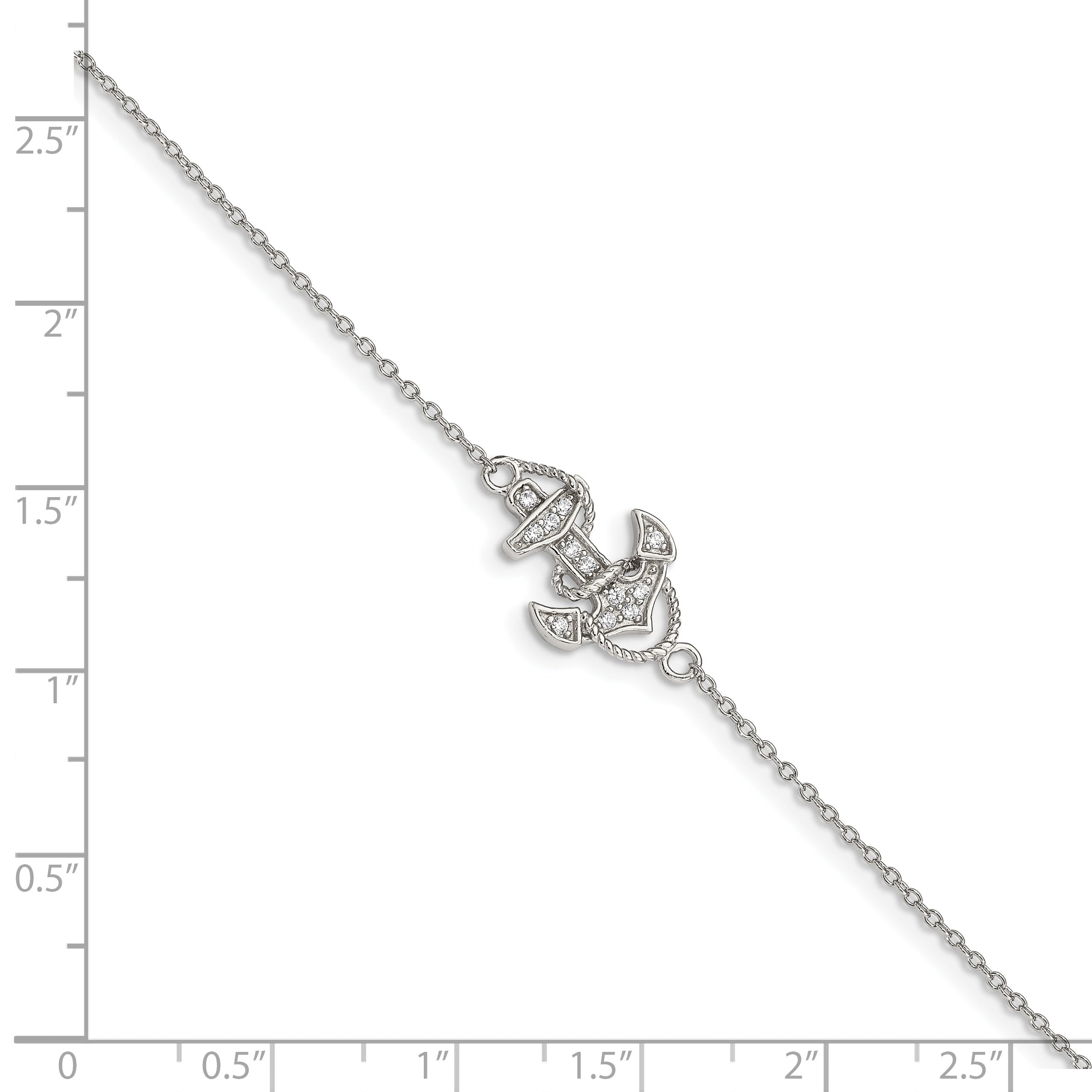 Sterling Silver Rhodium-Plated Polished Cz Anchor 7 Inch Bracelet